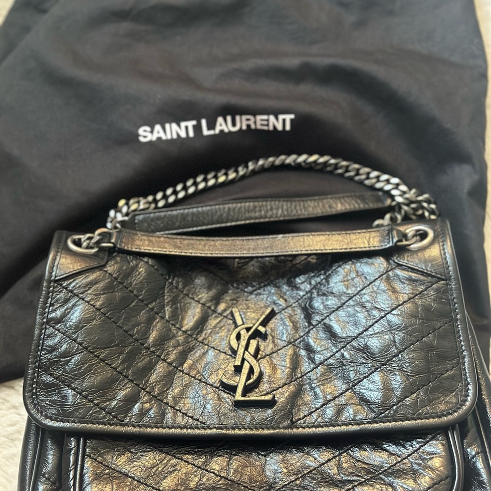 Saint Laurent Black Quilted Shoulder Bag with Silver Chain